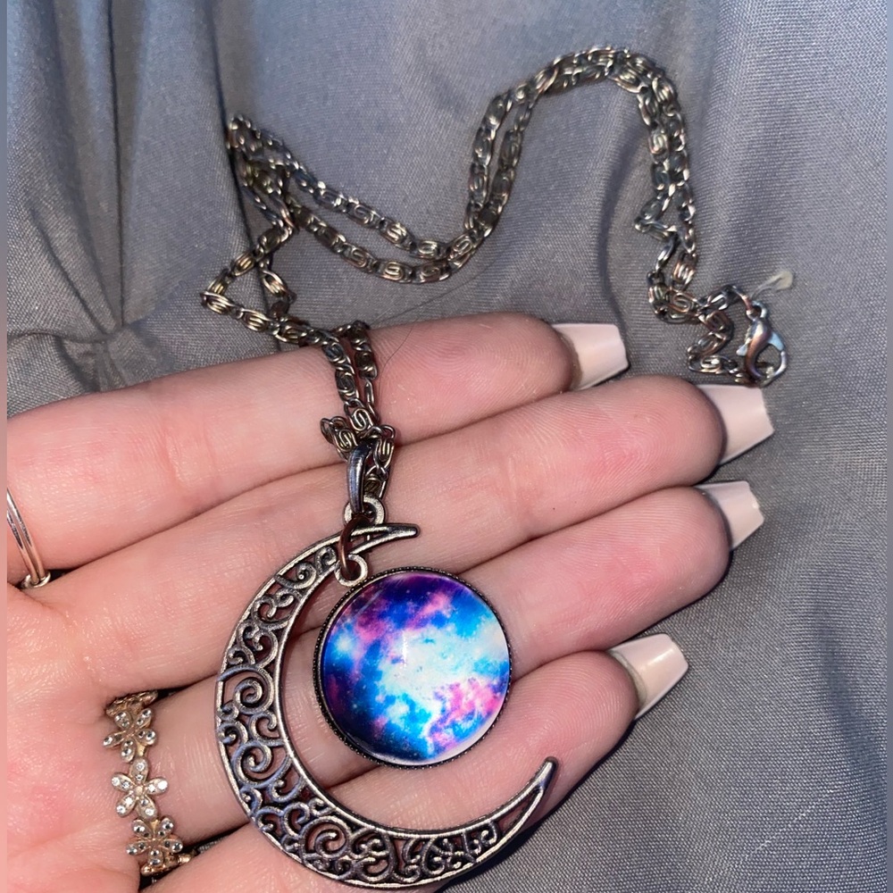 FREE W PURCHASE. Moon crescent necklace, silver w galaxy
